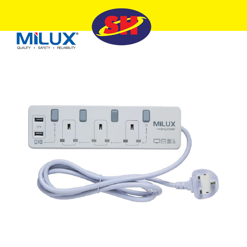 Milux 3 Gang 1 Way Extension Socket With USB